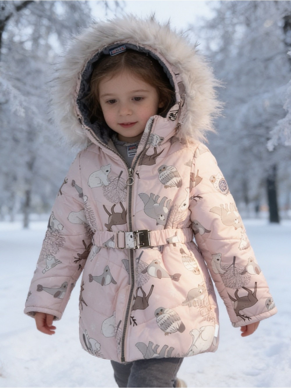 Girls' Pink Hooded Puffer Jacket with Animal Print